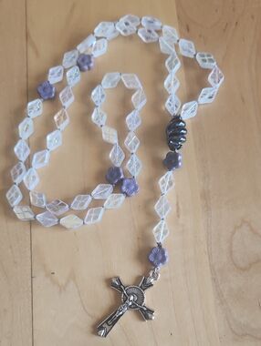 Hand crafted Rosary- hand knotted glass beads, tierracast cross